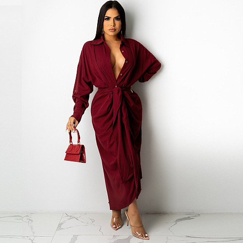 Solid Color Turn Down Collar Button Up Shirt Dress FSX-318