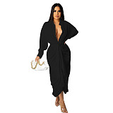 Solid Color Turn Down Collar Button Up Shirt Dress FSX-318