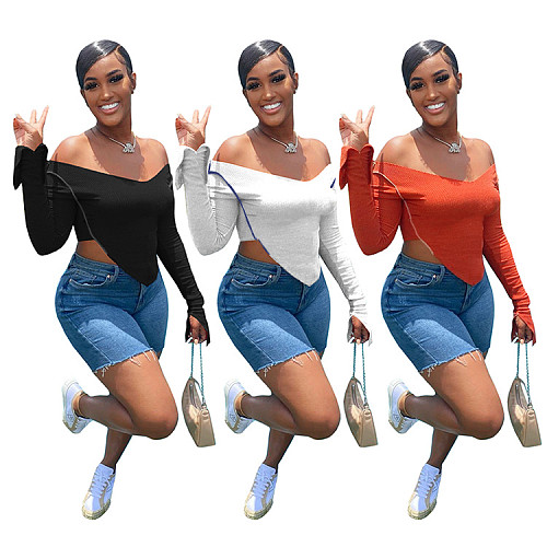 Off Shoulder V Neck Flared Sleeve Irregular Tops GLS-8009
