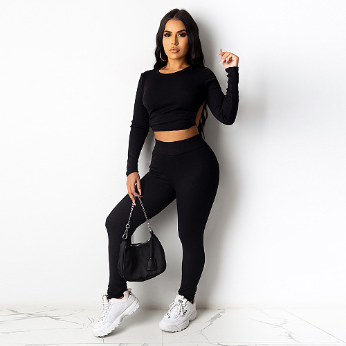 Long Sleeve Backless Bandage Crop Top Pants Set DD-88139