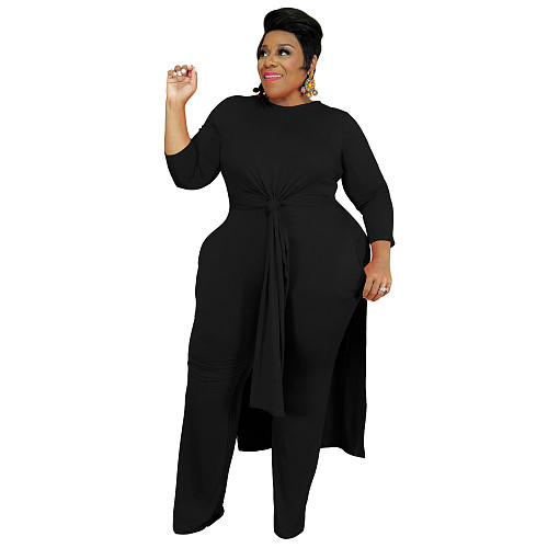 Solid Side Split Long T Shirt Loose Wide Leg Pants Set MA-456