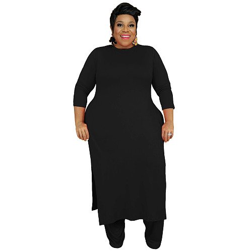 Solid Side Split Long T Shirt Loose Wide Leg Pants Set MA-456