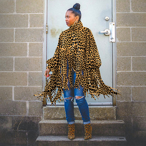 Leopard Long Sleeve Stand Collar Irregular Tassel Tops BER-8109