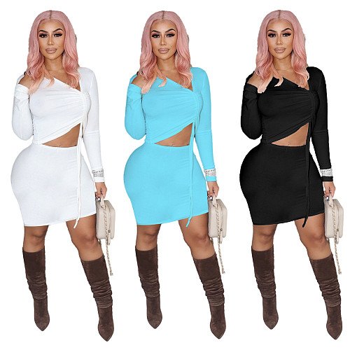 Irregular Drawstring T Shirt 2 Piece Skirt Set YUM-9093
