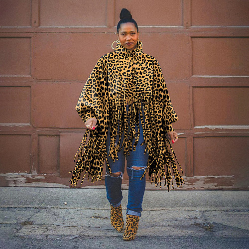 Leopard Long Sleeve Stand Collar Irregular Tassel Tops BER-8109