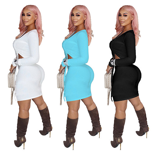 Irregular Drawstring T Shirt 2 Piece Skirt Set YUM-9093