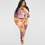 Plus Size Tie Dye Hooded Top Pleated Pants Set OSS-21405