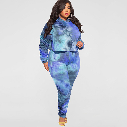 Plus Size Tie Dye Hooded Top Pleated Pants Set OSS-21405