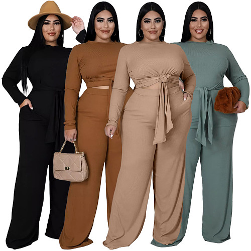 Knitted Bandage T Shirt Wide Leg Pants Plus Size Set ASL-7058