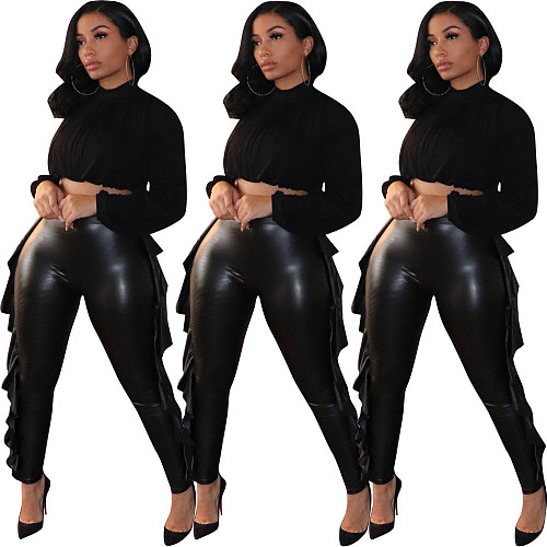 Ruffled PU Leather High Elastic Pencil Pants HMS-5525