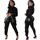 Ruffled PU Leather High Elastic Pencil Pants HMS-5525