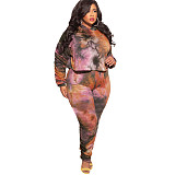 Plus Size Tie Dye Hooded Top Pleated Pants Set OSS-21405