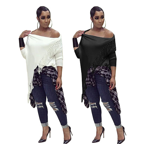 Off Shoulder Long Sleeve Irregular Tassel Tops ML-7116