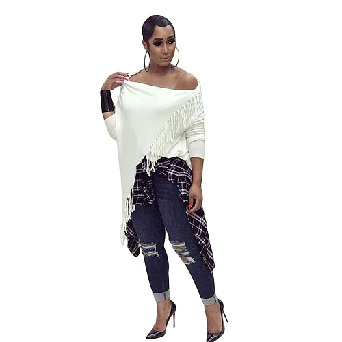 Off Shoulder Long Sleeve Irregular Tassel Tops ML-7116
