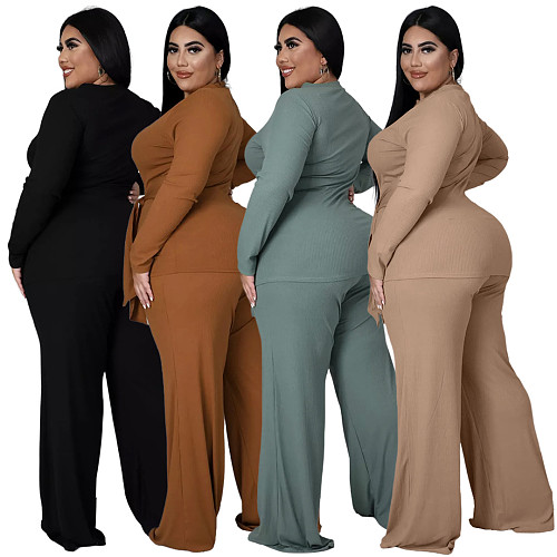 Knitted Bandage T Shirt Wide Leg Pants Plus Size Set ASL-7058