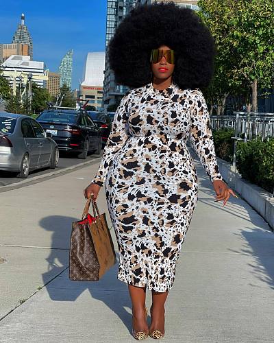 Printing Long Sleeve Round Neck Plus Size Dress XMY-9335