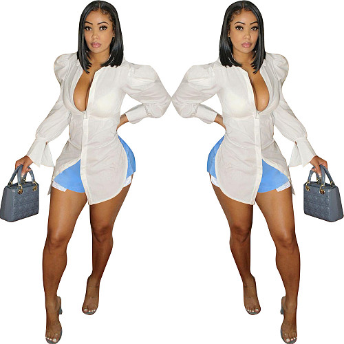 Long Sleeve Single-breasted Irregular Hem Shirt HMS-5526