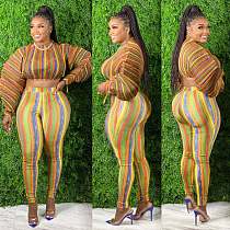 Striped Print Lantern Sleeve Crop Top Long Pants Set HEJ-980