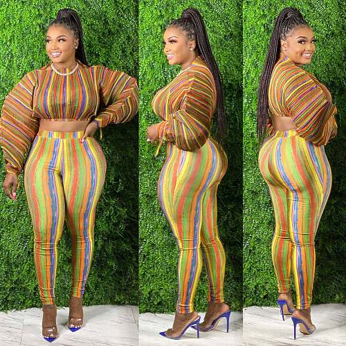 Striped Print Lantern Sleeve Crop Top Long Pants Set HEJ-980