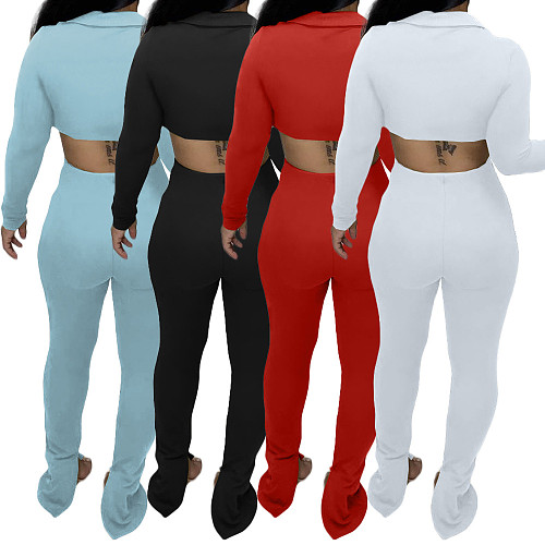 Solid Long Sleeve Button Up Crop Top Slit Pants Set BGN-217