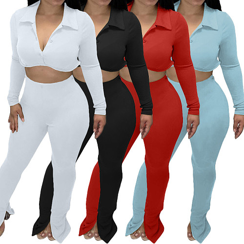 Solid Long Sleeve Button Up Crop Top Slit Pants Set BGN-217