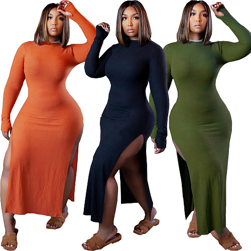 Cotton Solid Long Sleeve Side High Slit Dress FNN-8646