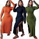 Cotton Solid Long Sleeve Side High Slit Dress FNN-8646