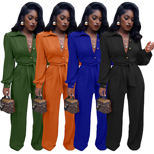 Solid Turn Down Collar Wide Leg Jumpsuit With Belt YS-8845