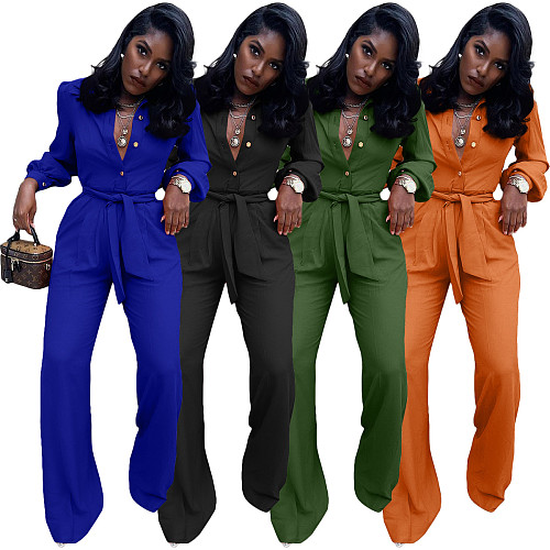 Solid Turn Down Collar Wide Leg Jumpsuit With Belt YS-8845