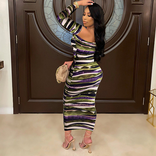 Off Shoulder Striped Print Long Sleeve Lace Up Dress FSX-125