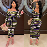 Off Shoulder Striped Print Long Sleeve Lace Up Dress FSX-125