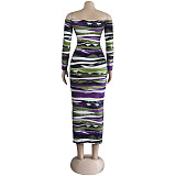 Off Shoulder Striped Print Long Sleeve Lace Up Dress FSX-125