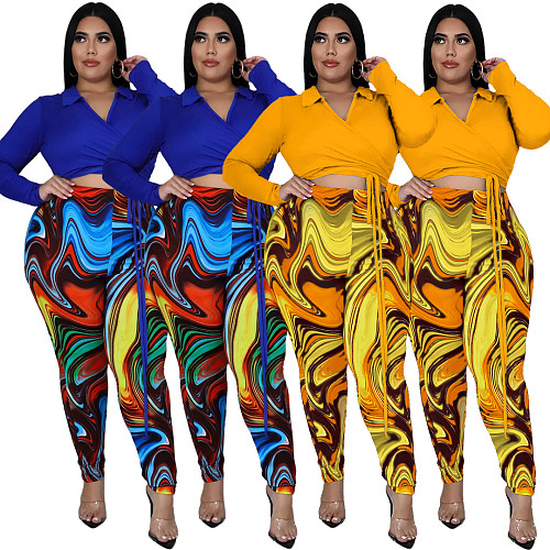 Plus Size Bandage Crop Top Leggings Two Piece Set ASL-7057