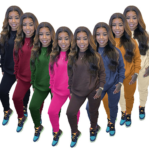 Solid O Neck Pocket Sweatshirt Long Pants Tracksuits BER-8036
