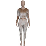 Velvet Zip Jacket Crop Top Two Piece Pants Set SH-390241