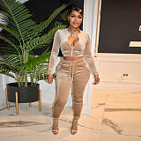 Velvet Zip Jacket Crop Top Two Piece Pants Set SH-390241
