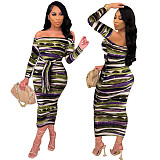 Off Shoulder Striped Print Long Sleeve Lace Up Dress FSX-125