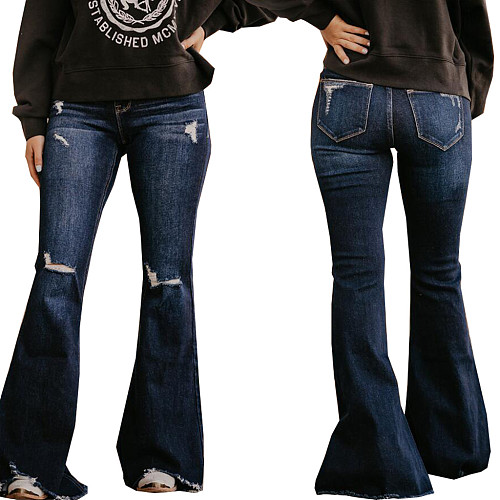 Plus Size Washed Hole Denim Stretch Flared Pants HSF-2604