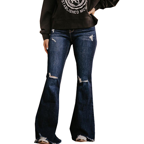 Plus Size Washed Hole Denim Stretch Flared Pants HSF-2604