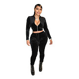 Velvet Zip Jacket Crop Top Two Piece Pants Set SH-390241
