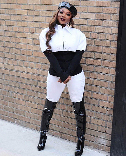 Black And White Patchwork Shirt Skinny Pants Set MDF-5278