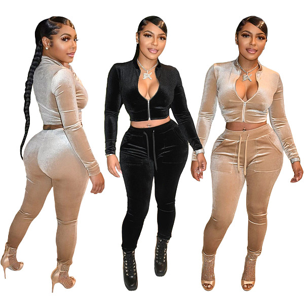 Velvet Zip Jacket Crop Top Two Piece Pants Set SH-390241