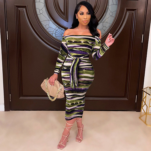 Off Shoulder Striped Print Long Sleeve Lace Up Dress FSX-125