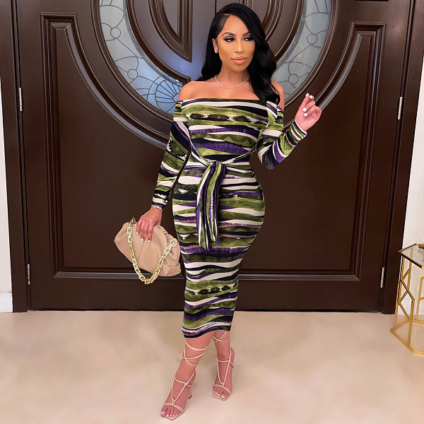 Off Shoulder Striped Print Long Sleeve Lace Up Dress FSX-125