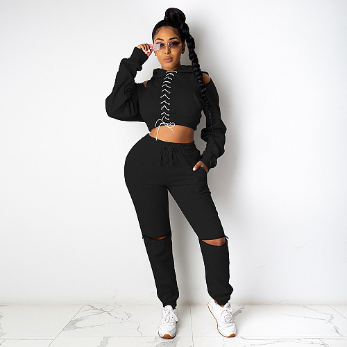 Cross Bandage Hooded Crop Top Hole Pants Outfits DD-88142