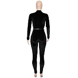 Velvet Zip Jacket Crop Top Two Piece Pants Set SH-390241