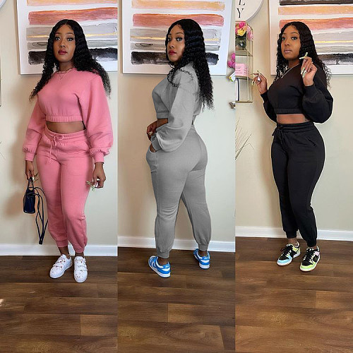 Pullover Crop Top Sweatshirt+Jogger Pants Tracksuit MEM-88404
