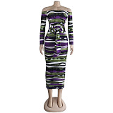 Off Shoulder Striped Print Long Sleeve Lace Up Dress FSX-125