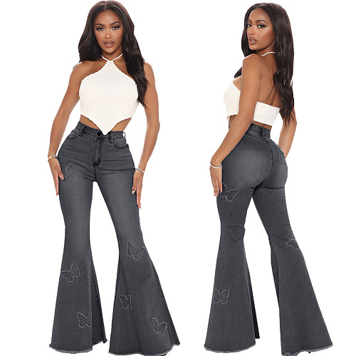 All-match Slim Fit Butterfly Decorated Stretch Flared Jeans HSF-2576