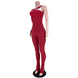 Solid Ribbed Skew Neck Bodysuit+Pencil Pants Set ASL-6531